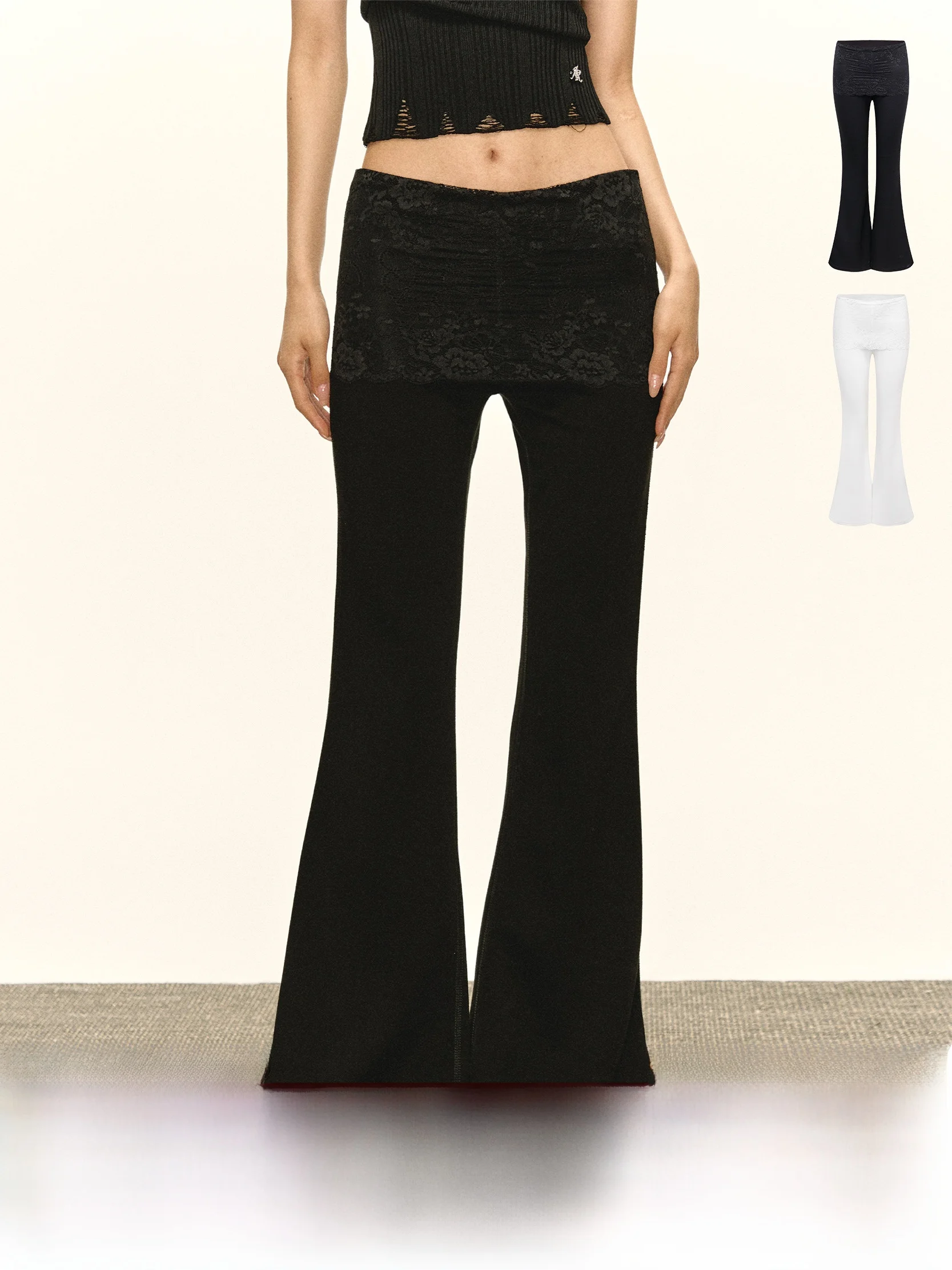 Ariseism American Retro Patchwork Lace Casual Pants Women Summer New Slimming Micro Flared Long Trousers Low Waist Elastic Wa...