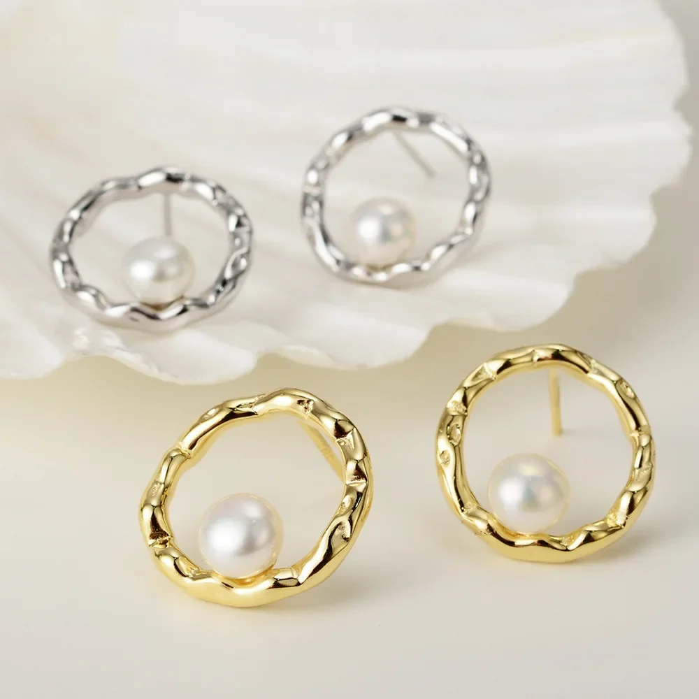 

Youth of Vigor Solid 925 Silver Irregular Hoop Pearl Ear Studs 18K Gold Tone Original Party Woman Earrings E1207