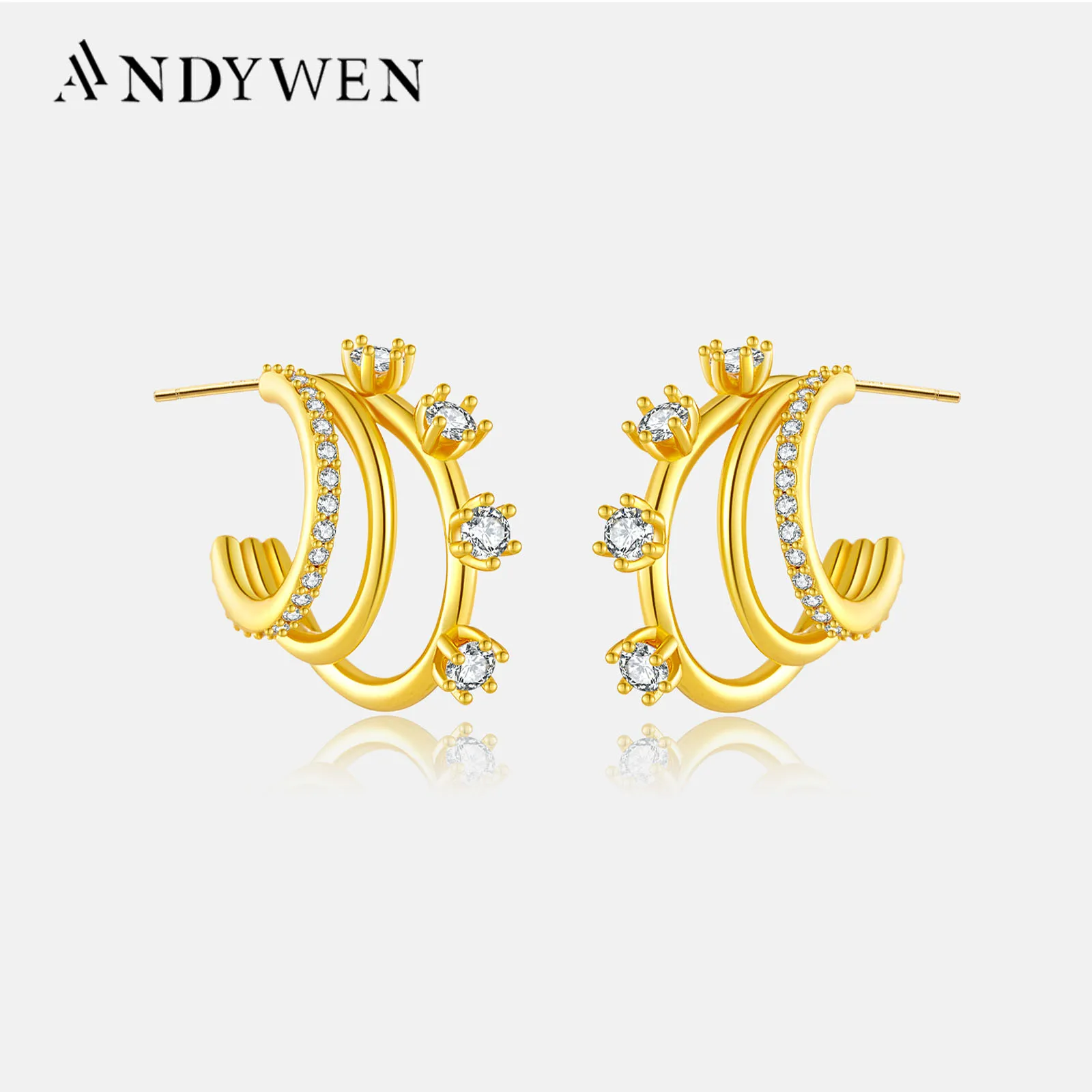 ANDYWEN 925 Sterling Silver Gold Three Triple Circle Hoops 20mm Round Line Huggies Loops Crystal 2023 Rock Punk Fine Jewelry