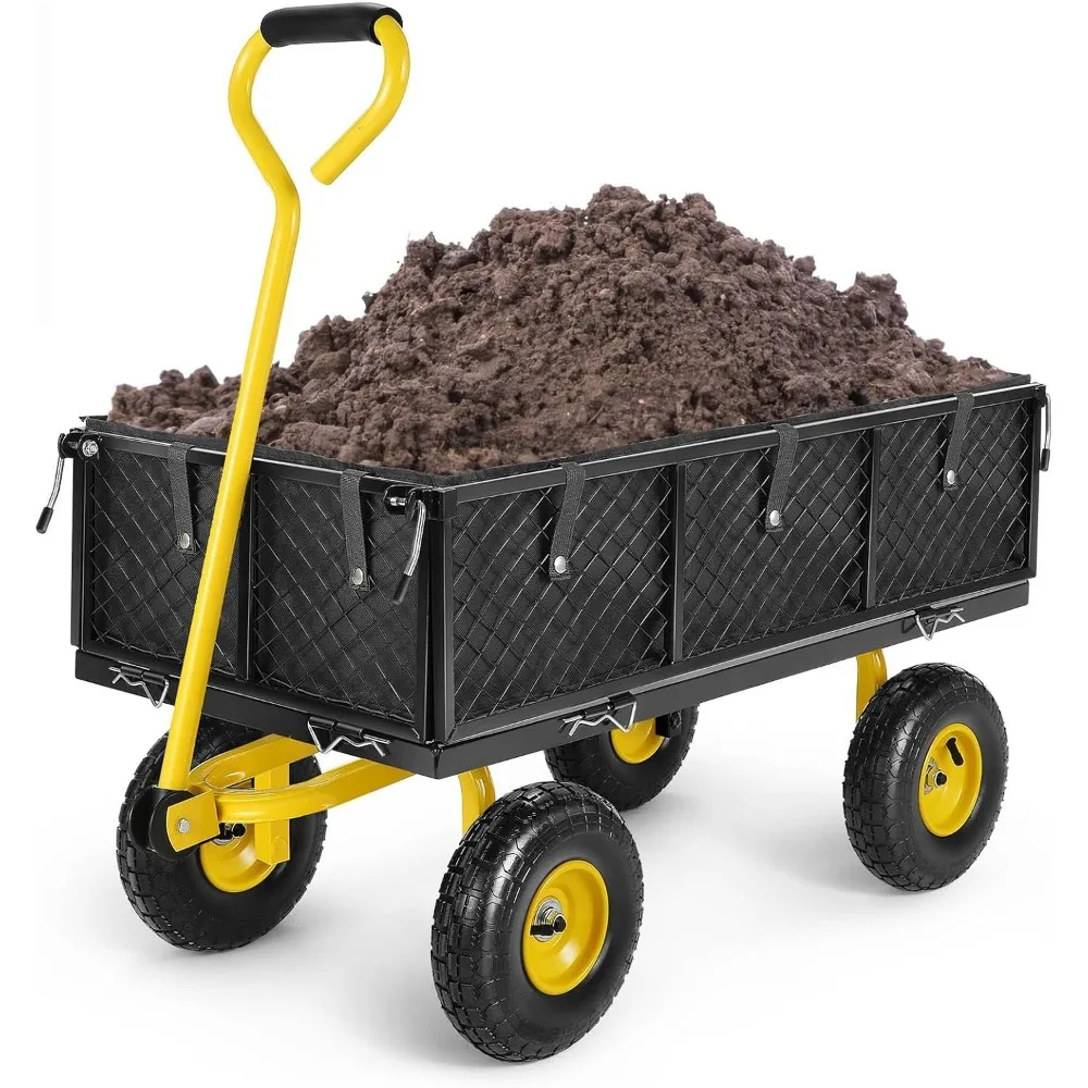 

MAX 880 Lbs Garden Cart, Heavy Duty Foldable Mesh Steel Garden Wagon with 180° Rotating Handle and 10 Inch Tires,