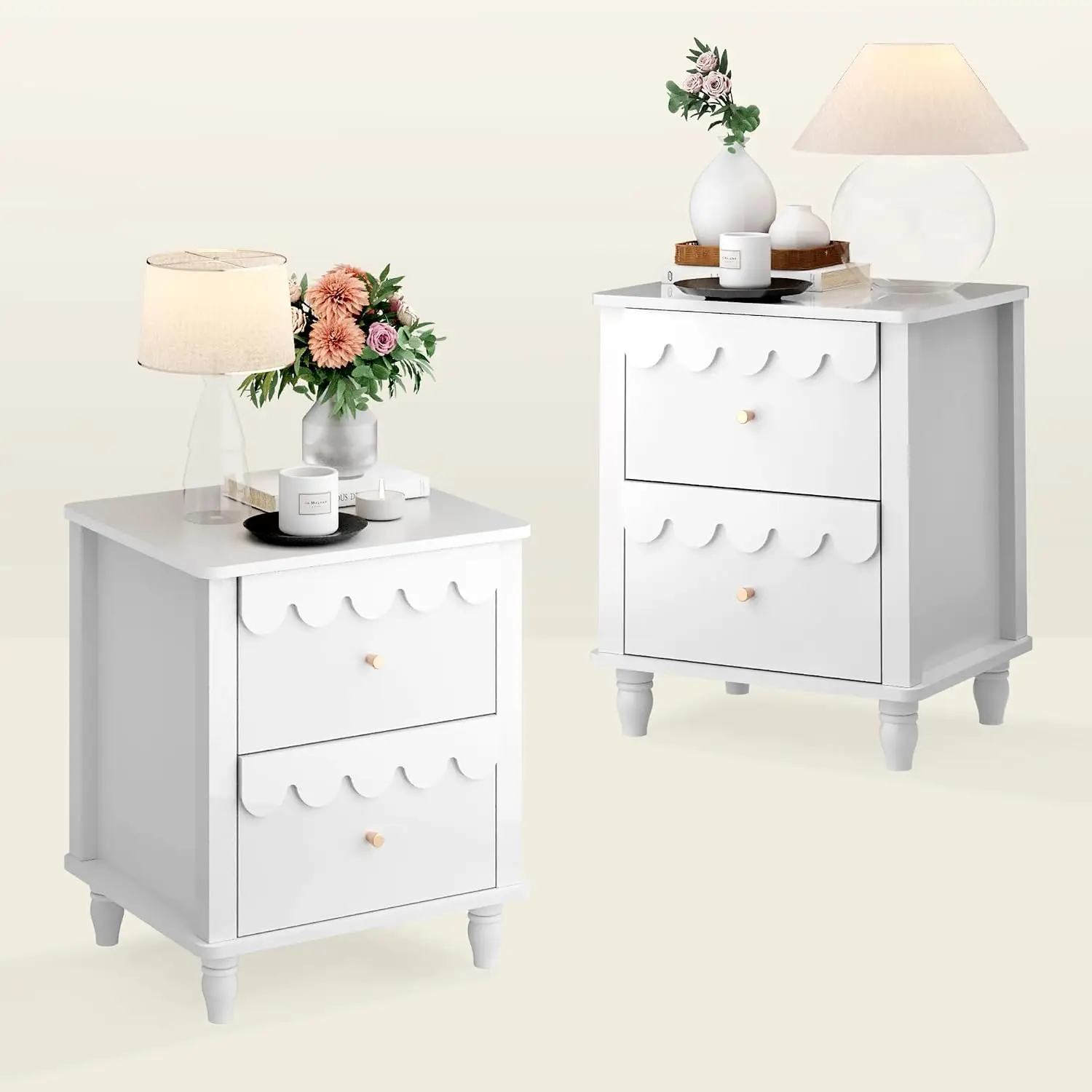 White 2-Drawer Nightstand Set Of 2, Modern Petal Pattern Bedroom Side Table With Solid Wood Legs, Customized