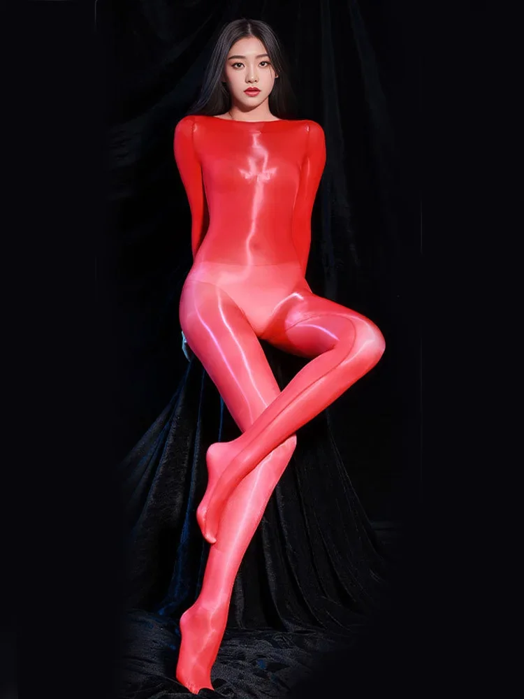 Women\'s Ultrathin Sexy Jumpsuits High Elastic Sheer See Through Bodysuit Oil Glossy Seamless Open Crotch Leotard Cosplay Maid