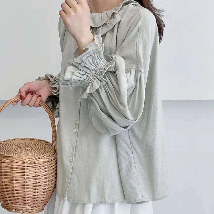 Women\'s Vintage Ruffles Collar Cotton Linen White Shirt, Japanese Mori Girl, Lantern Sleeves, Loose Tops, Female Blouses, Autumn