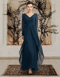 A-Line Mother of the Bride Dress Wedding Guest V Neck Floor Length Chiffon Long Sleeve with Ruched Ruffles Side-Draped 2024