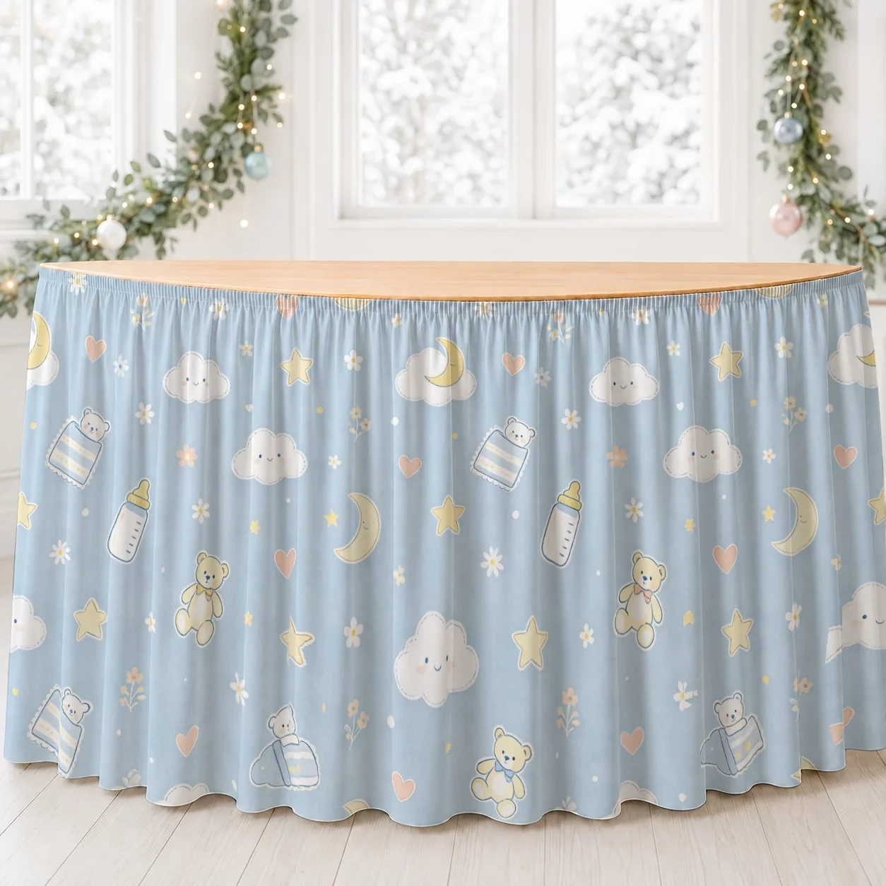 Party table skirt, featuring patterns of clouds, moons, stars, bottles and bears. Suitable for festivals.