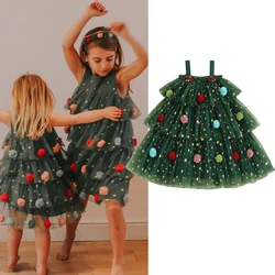 0-6Y Little Girl Christmas Sequined Star Dot Print Square Neck Sleeveless Lace Layered Tulle Tank Dress with Colorful Plush Ball