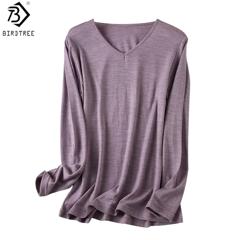 Birdtree 100% Sheep Wool Basics Undershirt, V-neck Long Sleeve Shirt, Women Knitted Slim Soft Blouse, 2026 Winter New T6O405JF