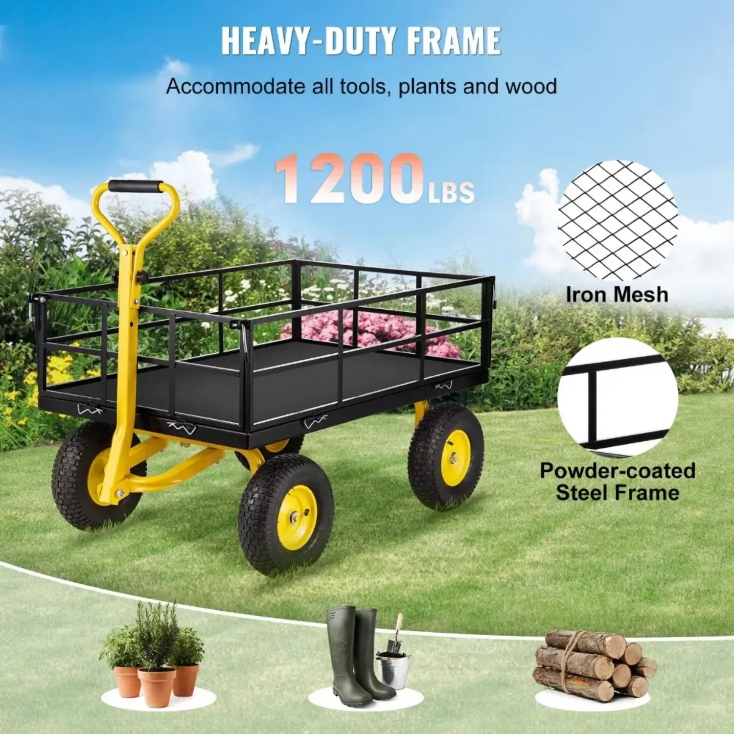 2024 New Steel Garden Cart, Heavy Duty 1200 Lbs Capacity, with Removable Mesh Sides To Convert Into Flatbed 44