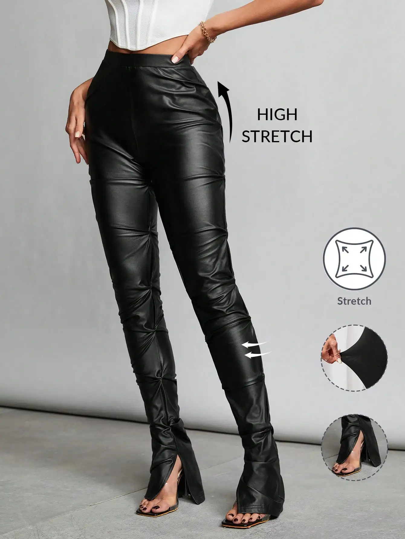 

Черные леггинсы из эластичной искусственной кожи с высокой талией и плиссировкой для вечерних выходов