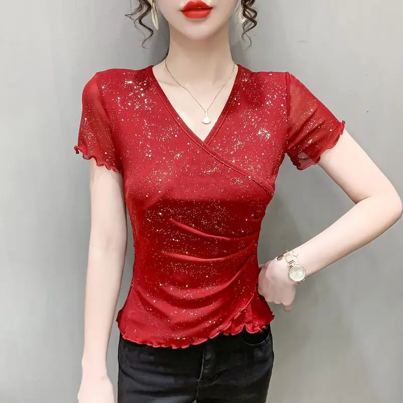

Red V Neck Sequined Short Sleeve Slim Fit Top For Women Office Wear Elegant Style