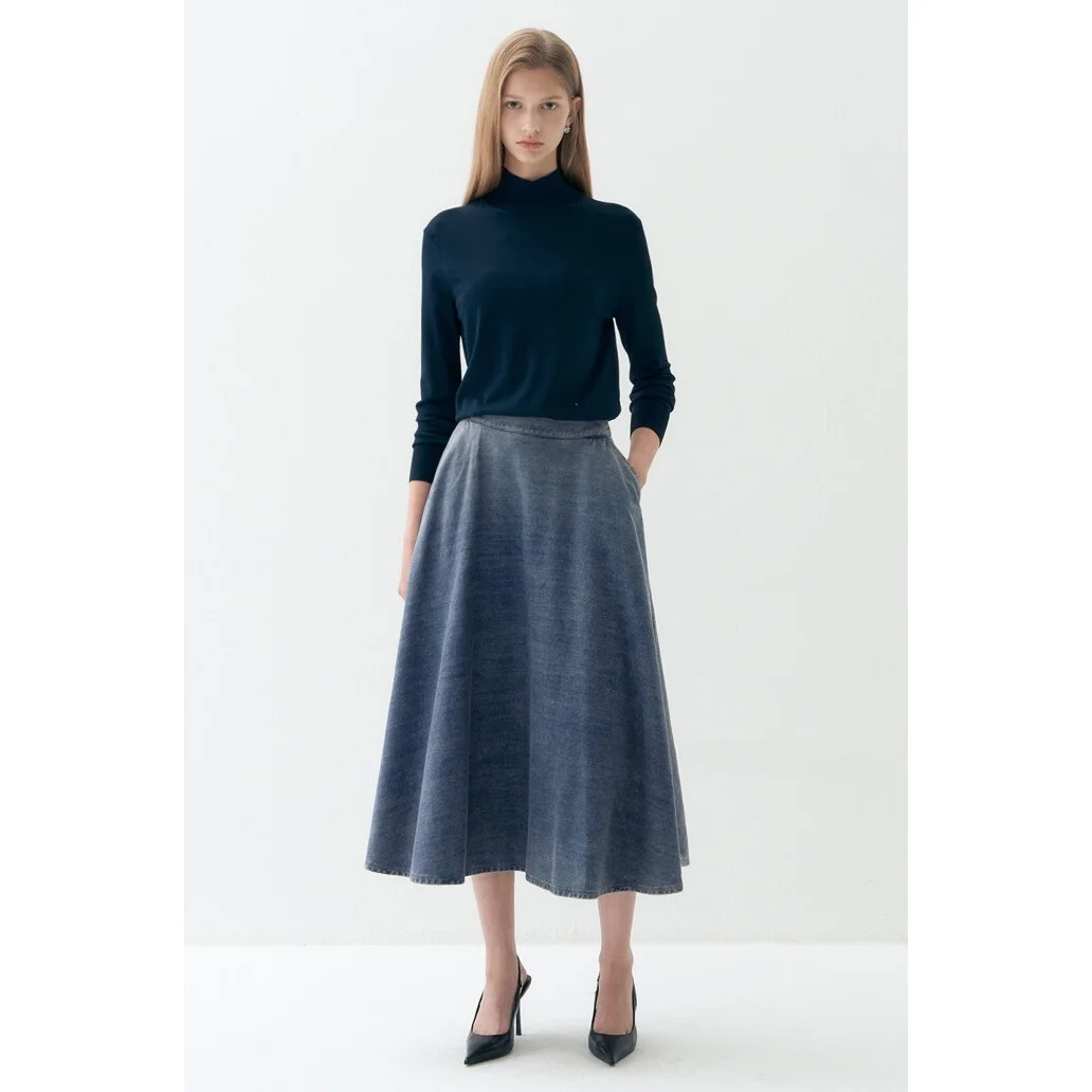 Soft Cotton Denim Half Skirt A-Line Silhouette High Waist Zipper Closure Commute Friendly Vintage Elegant Slimming Skirt