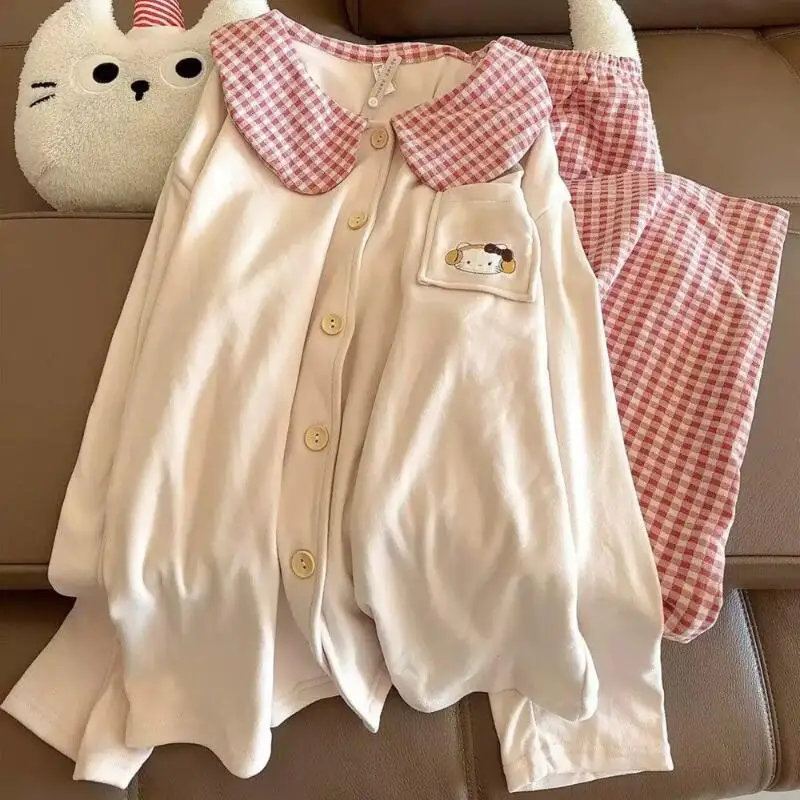 

Sanrio Hello Kitty Winter Sleeping Pajamas Set Kawaii Cartoon Women's Warm Sleepwear Long Sleeve Pant Nightgown Home Clothes New