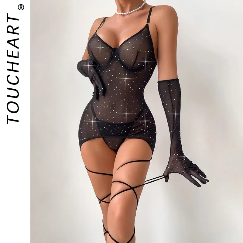

Toucheart Sexy Sequins Mesh Jumpsuit Women's Underwear Plunge See-through 3 Piece Set Exotic Solid Color Suspender Bodysuit Set