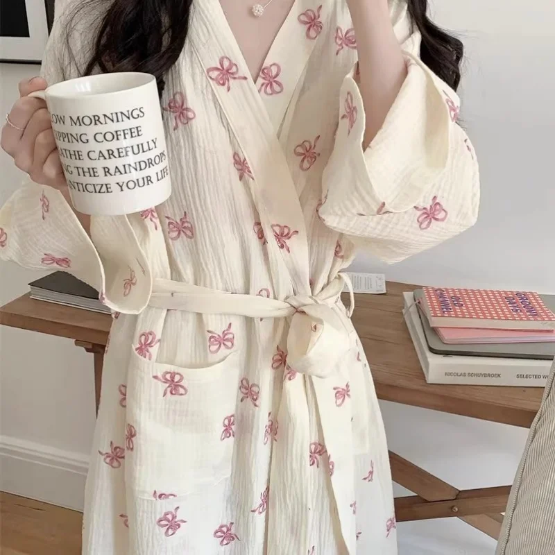 

New Women's Spring and Autumn Pajamas, Simple and Comfortable Robe, Pink Bow, Casual, Breathable, Loose Home Wear Nightgown