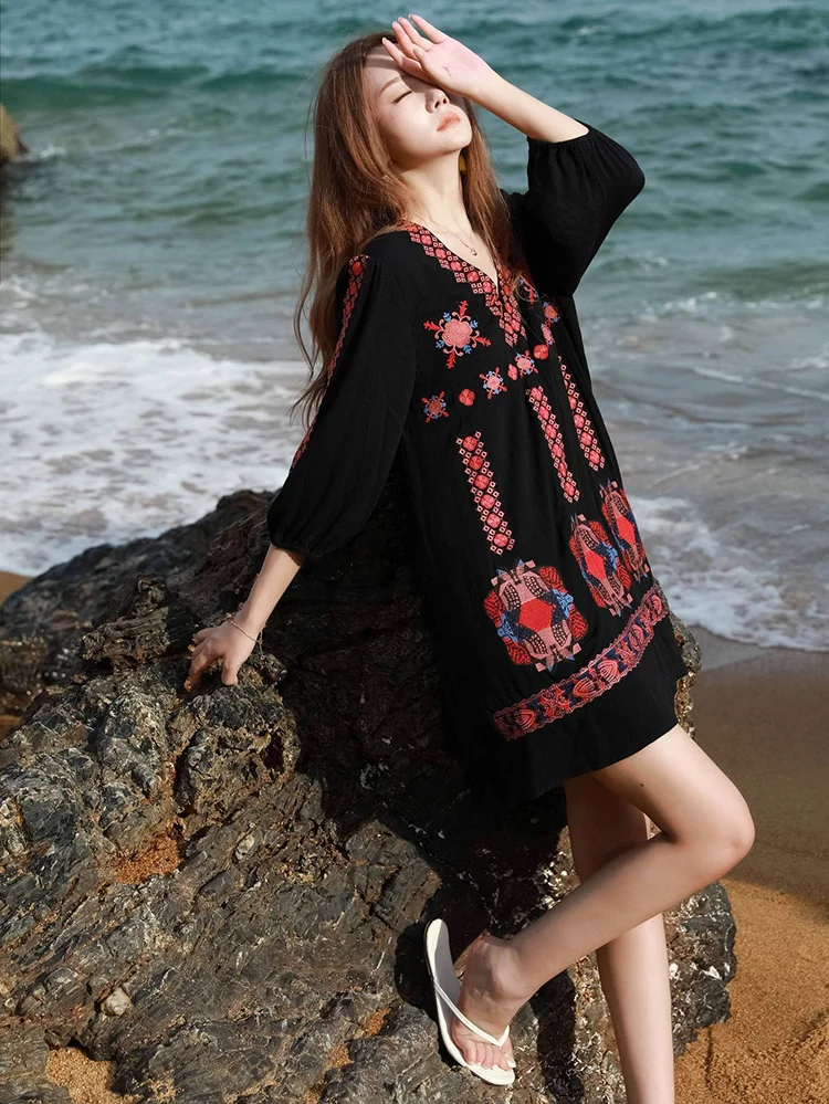 KHALEE YOSE Boho Floral Embroidery Summer Dress Loose Black Cotton Long Sleeve V-neck Women Vocation Ladies Dresses Vestidos New