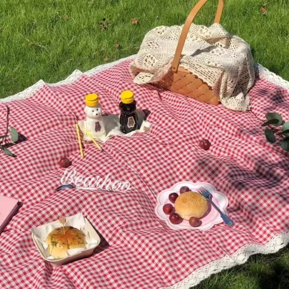 1 estera de pícnic al aire libre, manta de playa impermeable gruesa de verano, estera de Camping a cuadros roja de encaje, estera de mantel