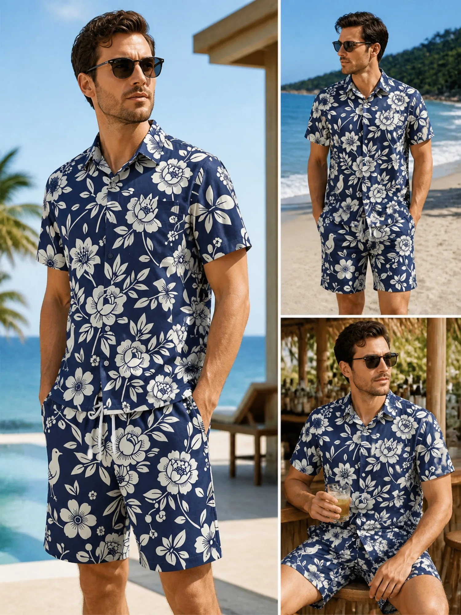Mens Floral Short Sleeve Shirt and Drawstring Shorts Set Beach Vacation Casual Beach Two Piece Casual Resort Outfit Vacationwear