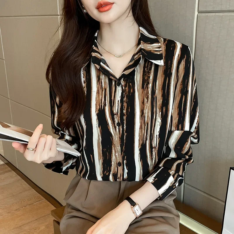 Casual Travel Long Sleeve Women's Shirt Fashion Korean Single Breasted Fabric Black Strips Blouse Top