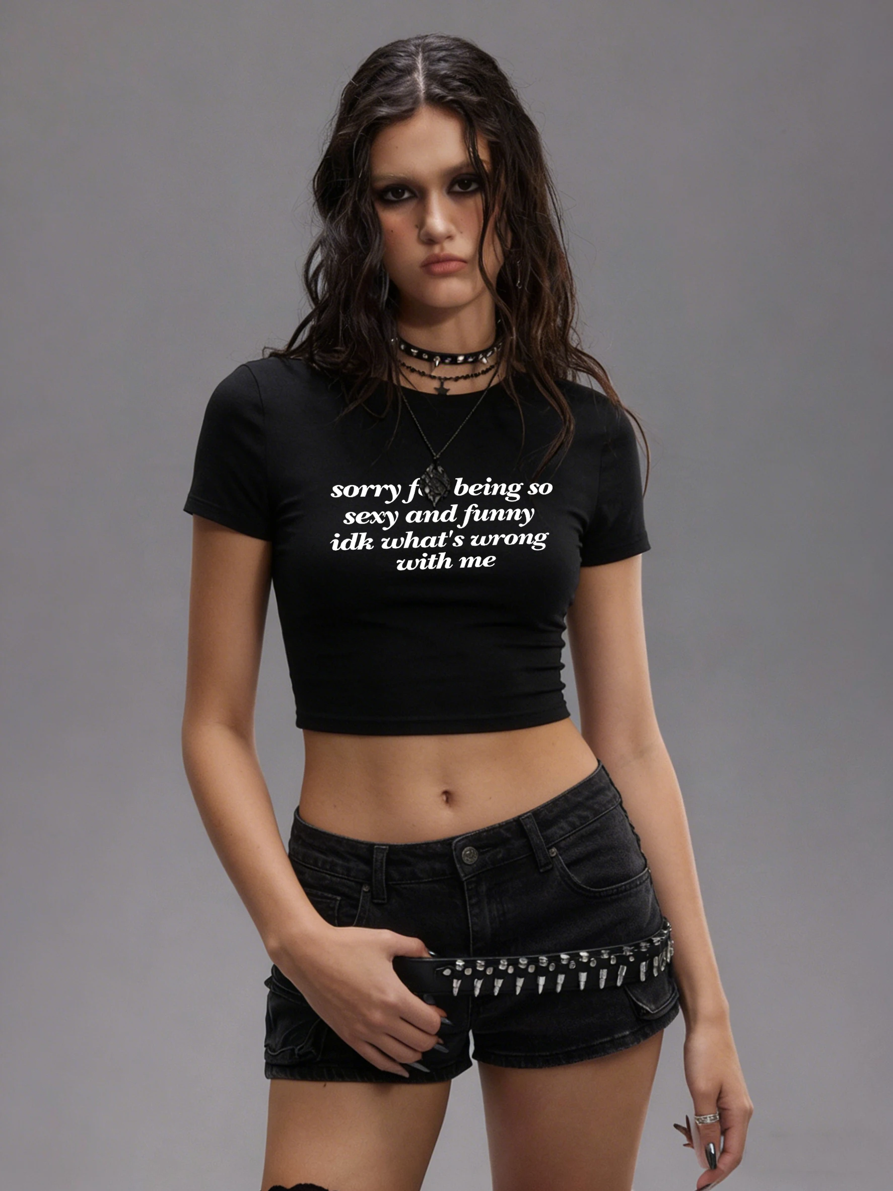 Camiseta corta con estampado de Sorry For Being So Sexy And Funny para mujer, camisetas transpirables de manga corta de algodón con cuello redondo, Top Y2K de verano