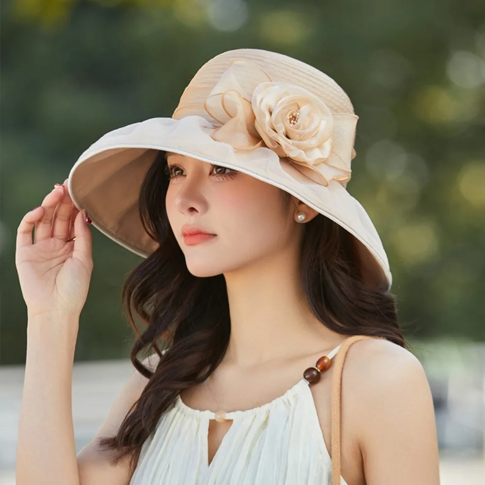 

Elegant Flower Basin Hat Organza Solid Color Outdoor Sunshade Hat Breathable Wide Brim Beach Fisherman Hat
