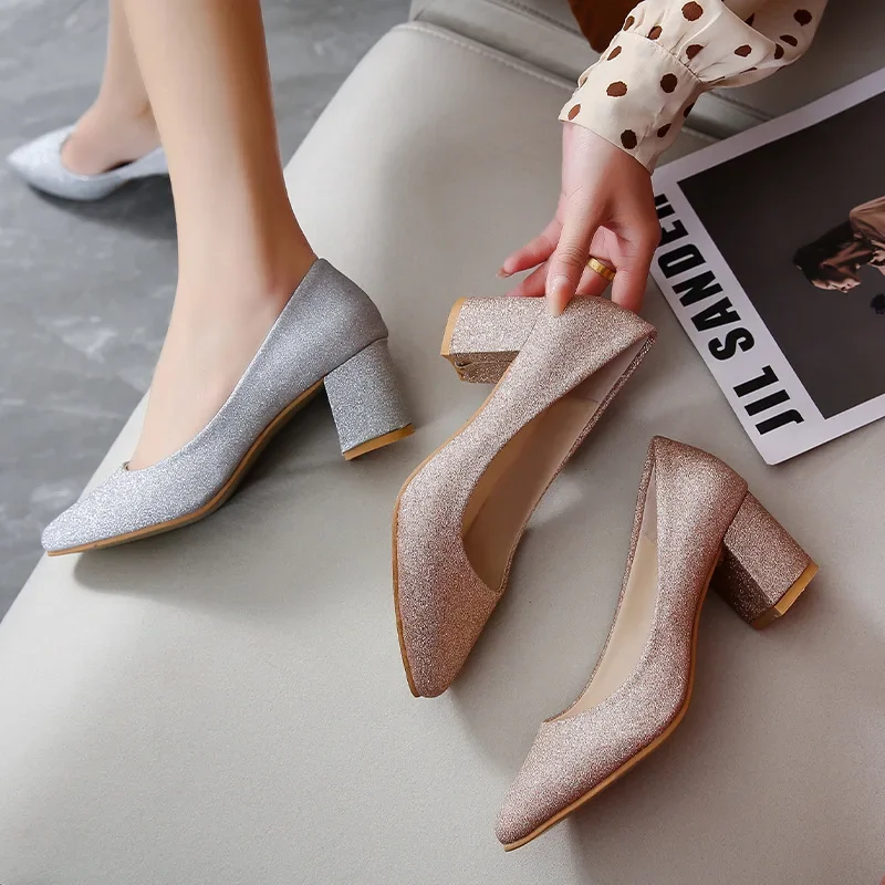 Women\'s shoes spring autumn new thick with work pumps Korean wild shallow mouth pointed sequin shoes silver banquet high heels