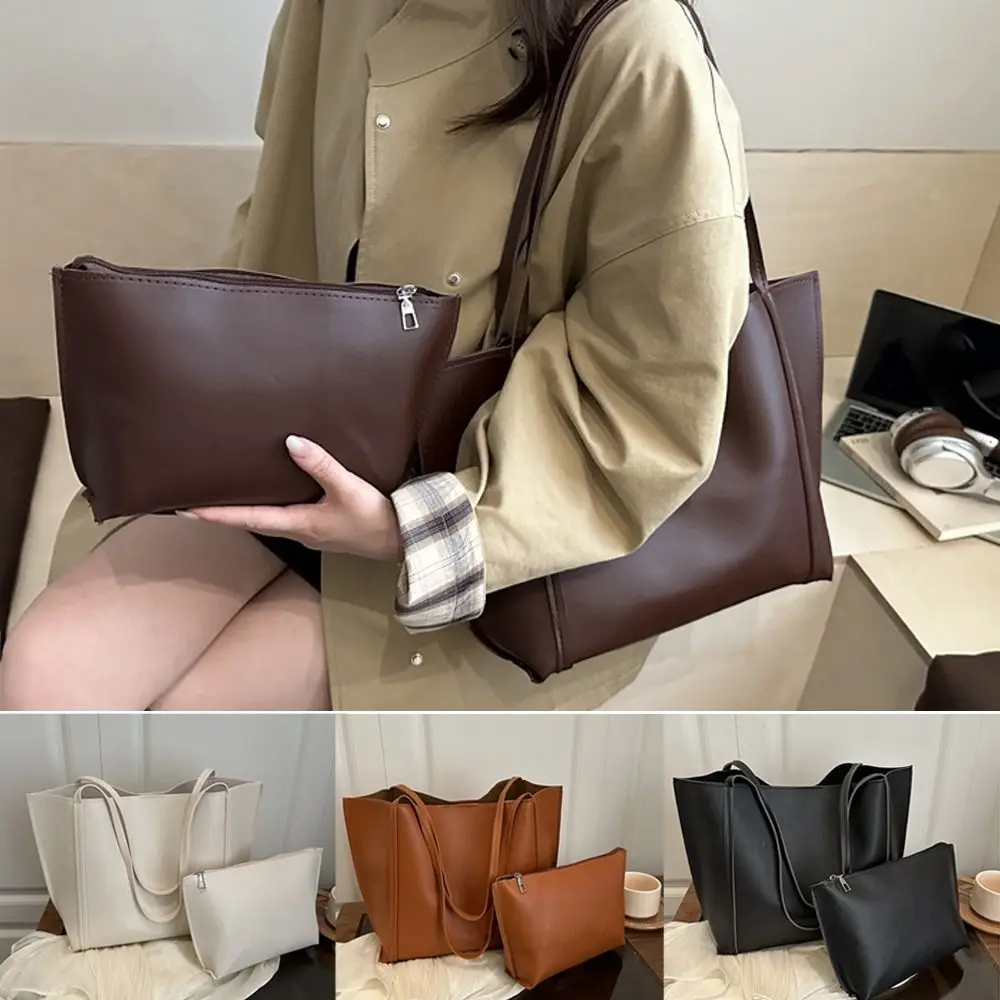 

2 Pcs Set PU Leather Fashion Shoulder Bag Solid Color Magnetic Closure Minimalist Tote Bag Large Capacity Travel Handbag Travel