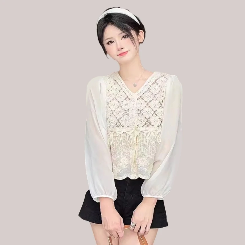 Women French Button Up Cropped Cardigan Top Puff Long Sleeve Hollow Out Crochet Embroidery Flower Blouse Shirt 066C