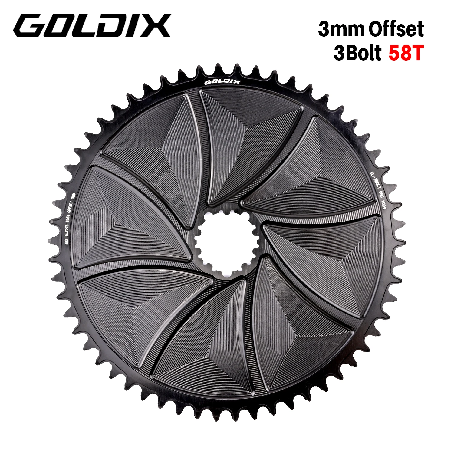 GOLDIX AERO Kettenblatt, 3-Loch, 3 mm Offset, Fahrradkettenblatt mit breiten und schmalen Zähnen, CNC-Hohlschnittbearbeitung für 3-Loch-Kurbelgarnitur