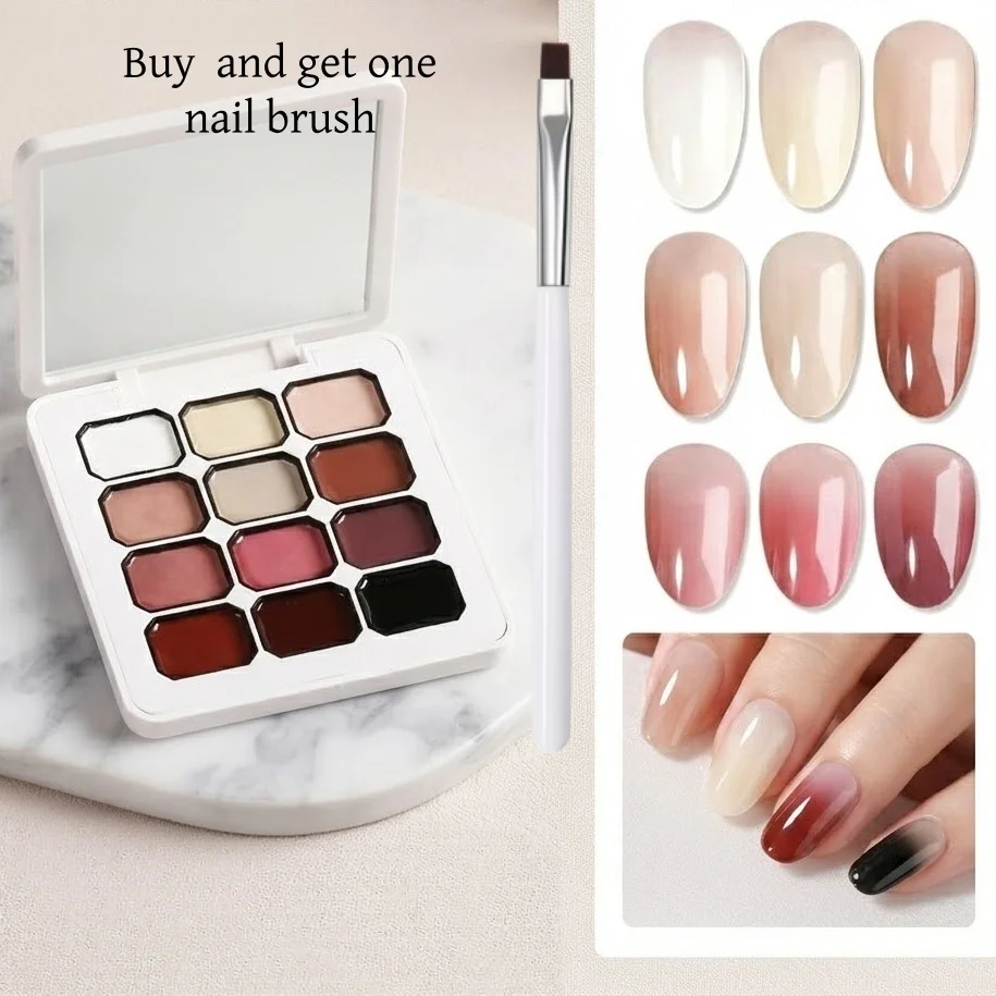 12 Color Nude Ice Transparent Solid Nail Gel Set, Milk Tea Gradient Nail Polish Kit, Nail Art Paint with Brush Included