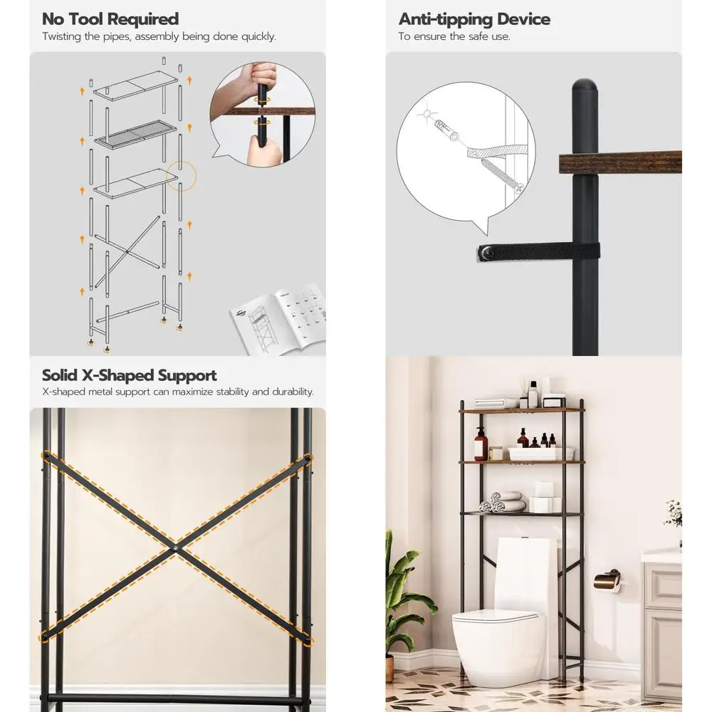 

3-Tier Freestanding Toilet Storage Organizer with Adjustable Feet, Space-Saving, Easy Assembly, Rustic Brown & Black