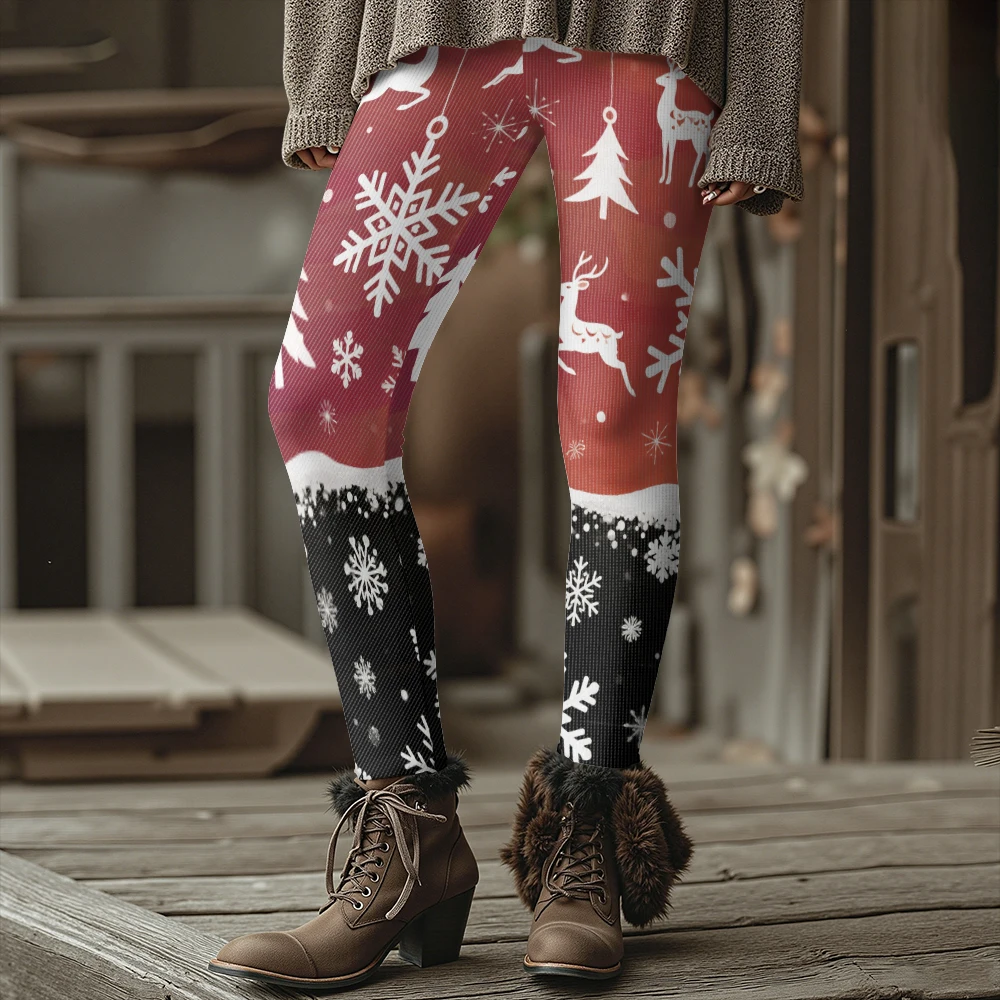 Snowflake Reindeer Print Thick Warm Winter Yoga Pants Women's Christmas Leggings Holiday Party Tights Hip Hop Streetwear