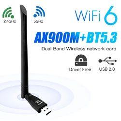 Fivi WiFi 6 AX900 USB BT5.3 Dual band 2 In 1 adattatore Wireless Dongle scheda di rete ricevitore Antenna Driver gratuito per PC Win10 11