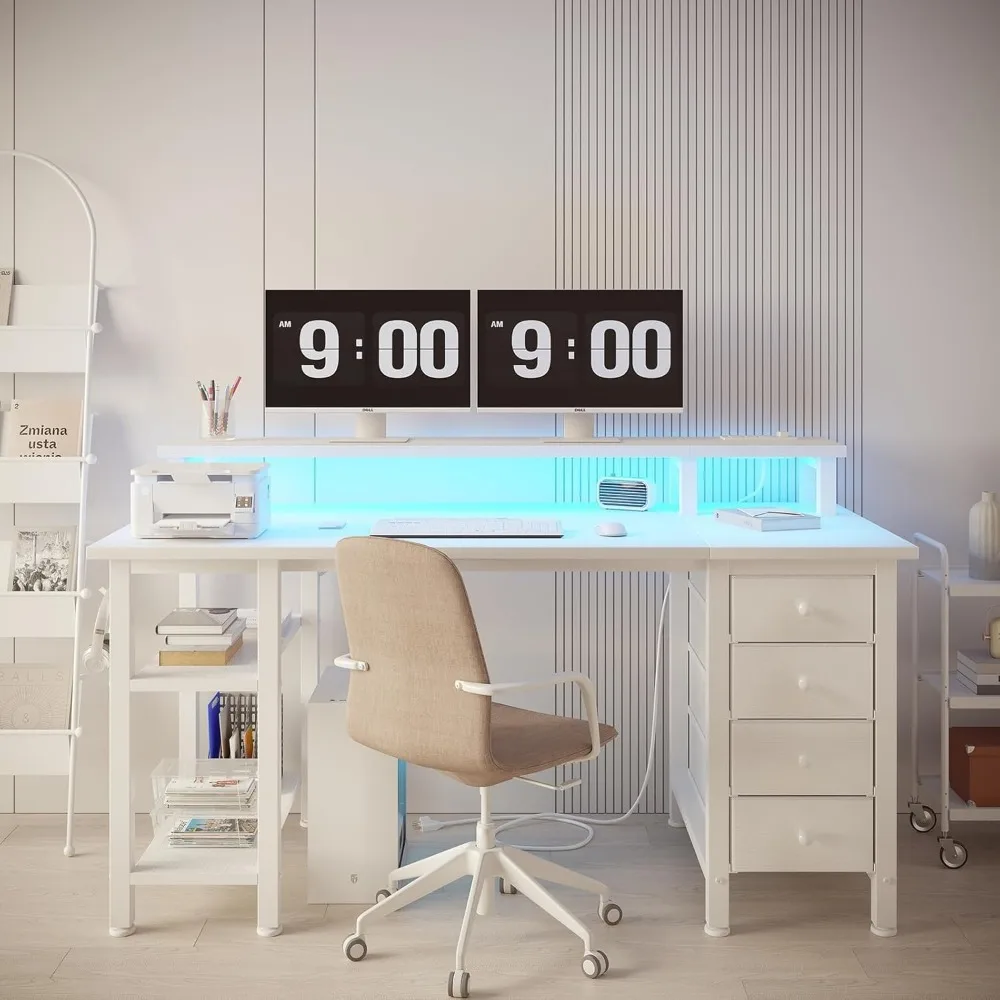 

White Desk with Monitor Stand LED Lights and Power Outlets, 47 inch Home Office Desk, Offices Desks