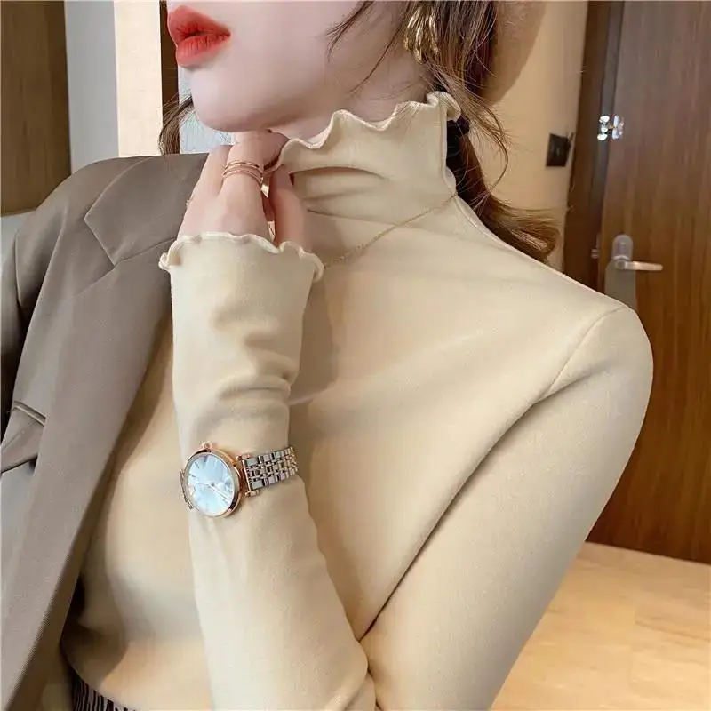 Thickened Fleece Lined Long Sleeve Women's Base Shirt Double-sided Velvet Wood Grain Half High Collar Korean Style T-shirt