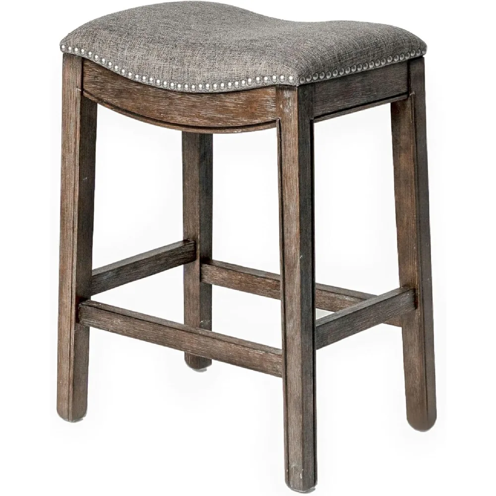 Adrien 26 Inch Counter Height Upholstered Backless Saddle Barstool in Walnut Wood Finish