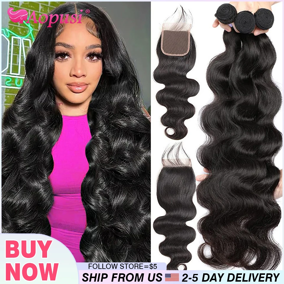 Aopusi Body Wave Bundles With Closure Brazilian Human Hair Weave Bundles With Closure Hair Extension 3/4 Bundles With Closure