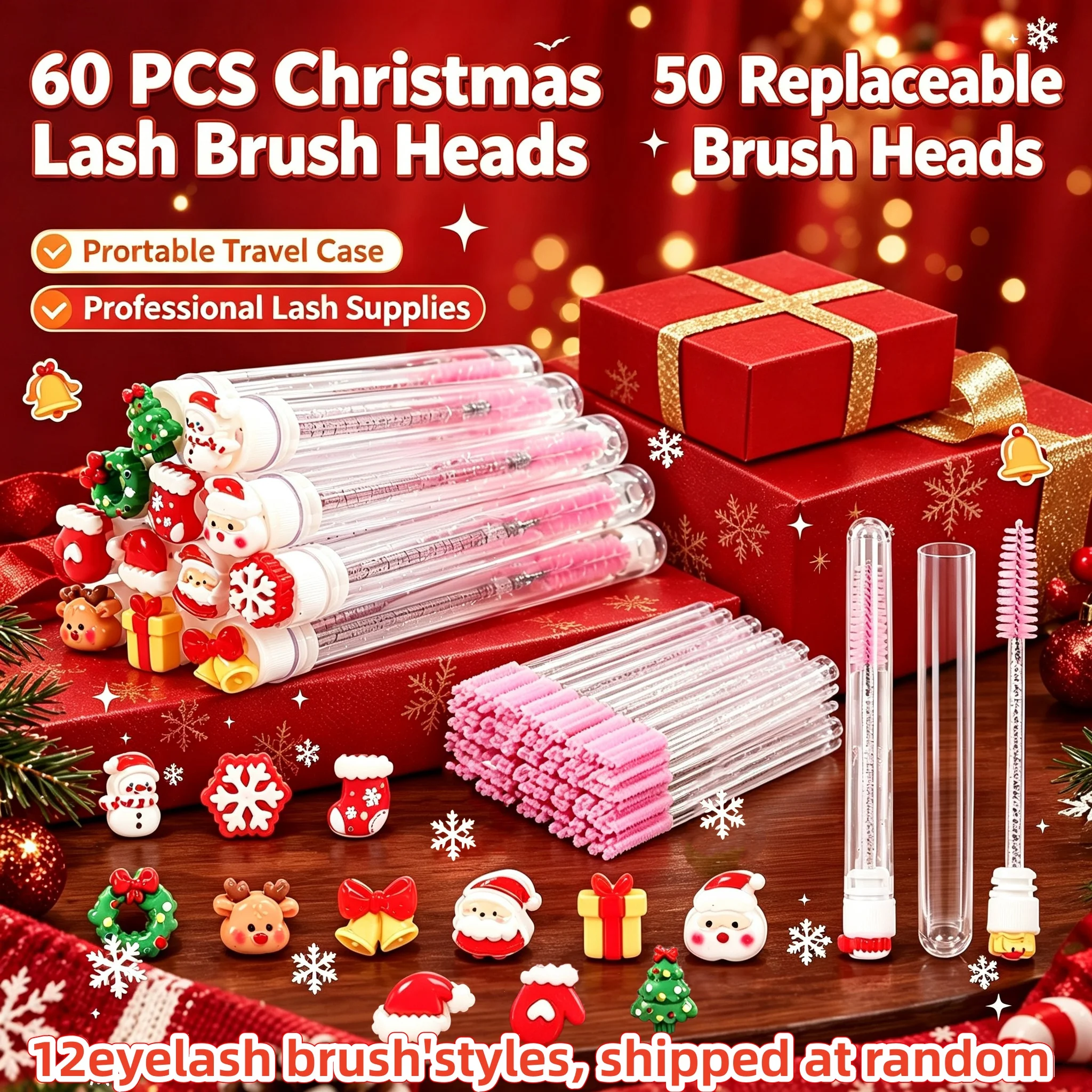 60Pcs Christmas Eyelash Brush with Tubes Reusable Mascara Wands Spoolie 50 Heads Lash Extension Supplies Salon Makeup Tools Gift