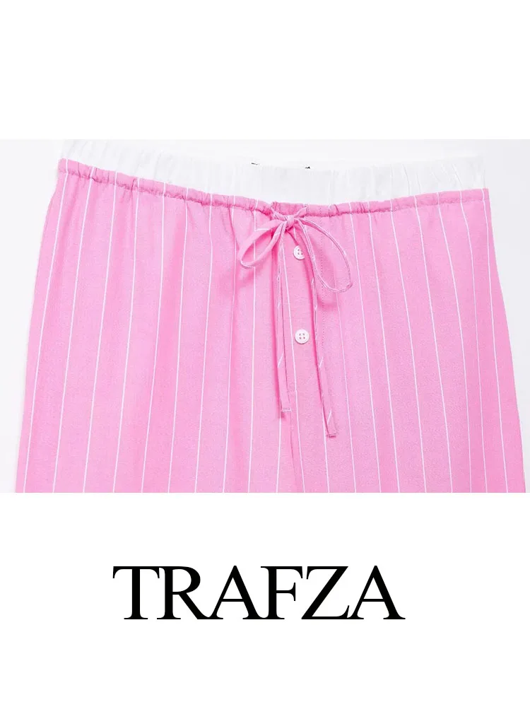 TRAFZA Fashion Women Chic Pink Stripe High Waist Wide Leg Pants Woman Drawstring Buttons Side Pocket Slim Casual Trousers Traf