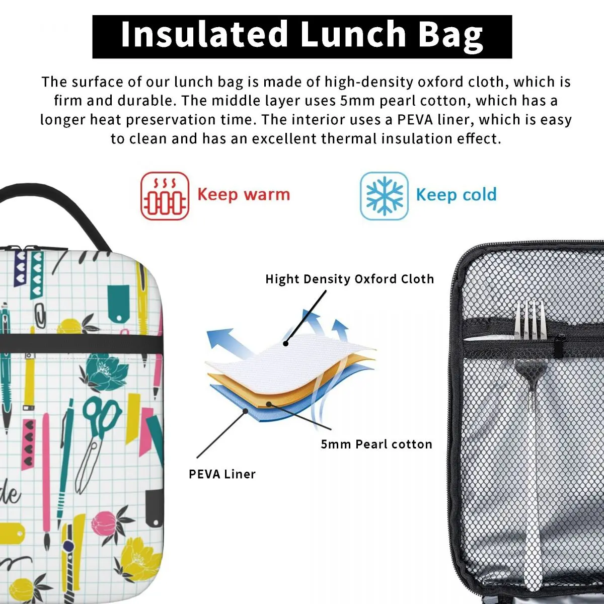 Back To School Pattern Teacher Rulers Pencils Insulated Lunch Tote Bag for Women Resuable Thermal Cooler Food Lunch Box School