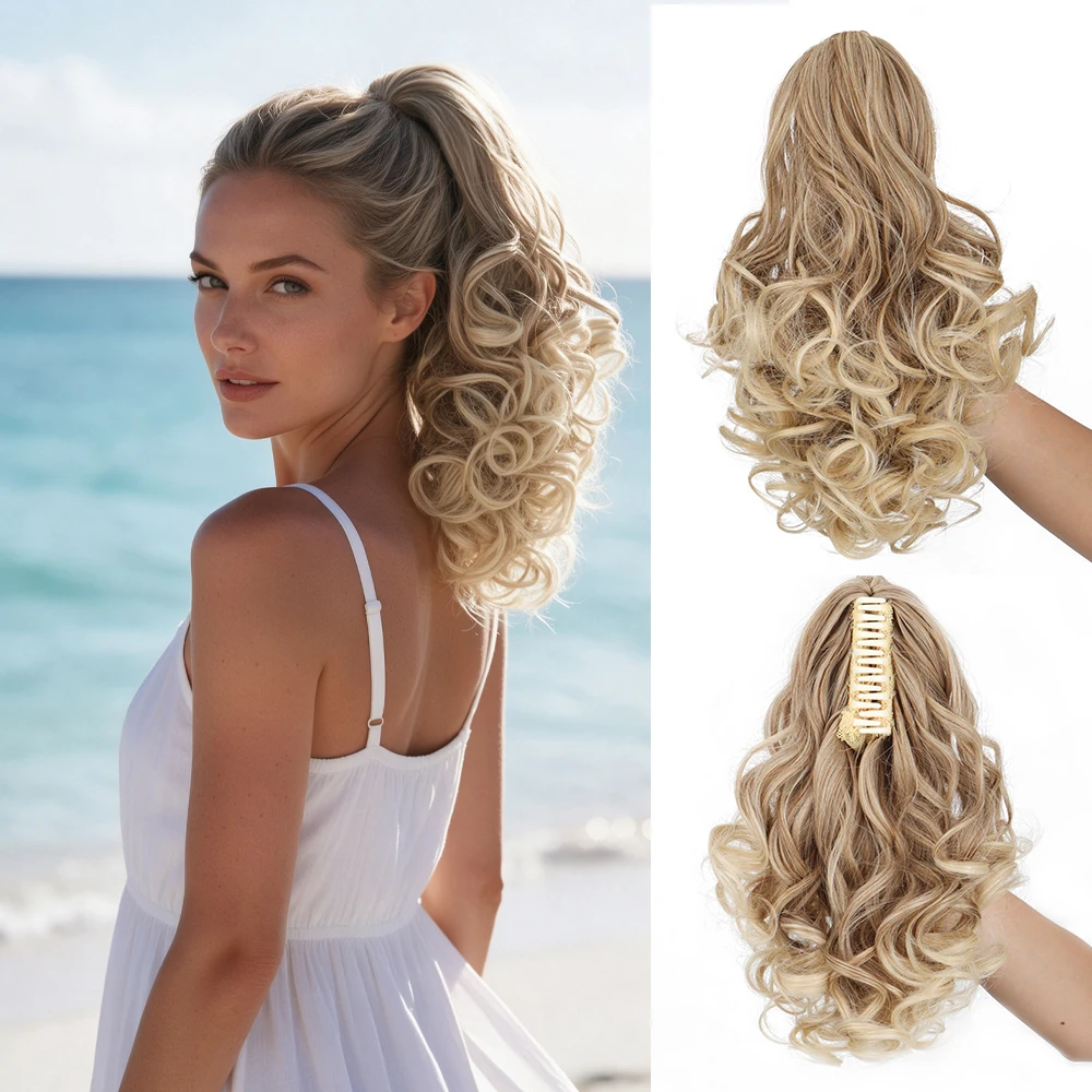 Women 12Inch Synthetic Short Curly Claw Clip Ponytail Hairpiece High Temperature Fiber Voluminous Hair Extensions for Daily Wear