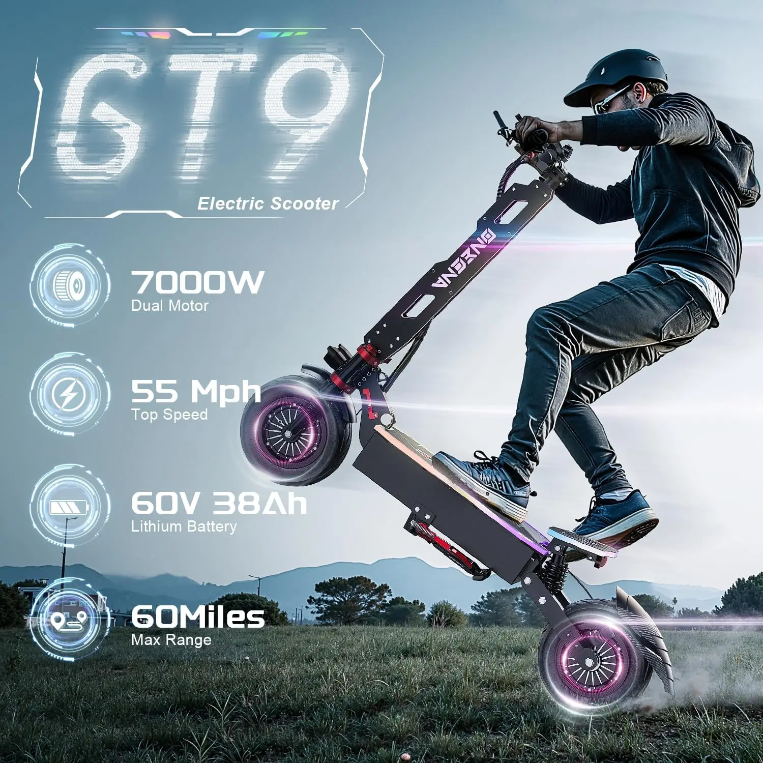 ONECNA NEW GT9 GT8 GT7 Adult Electric Scooter, 5600W/7000W Dual Motors, Maximum Speed up to 45 50 55 MPH, Equipped with 60V 33Ah/38Ah Battery, Maximum Speed up to 50/55 MPH, Large Display Screen, 11 Inch/12 inch Tubeless Tires with LED RGB Lights