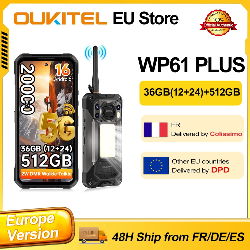 T�l�phone robuste Oukitel WP61 Plus 5G avec talkie-walkie, batterie de 20000 mAh, �cran 6,78'', Android 16, 36 Go (12+24) de RAM + 512 Go de ROM, appareil photo 108 MP