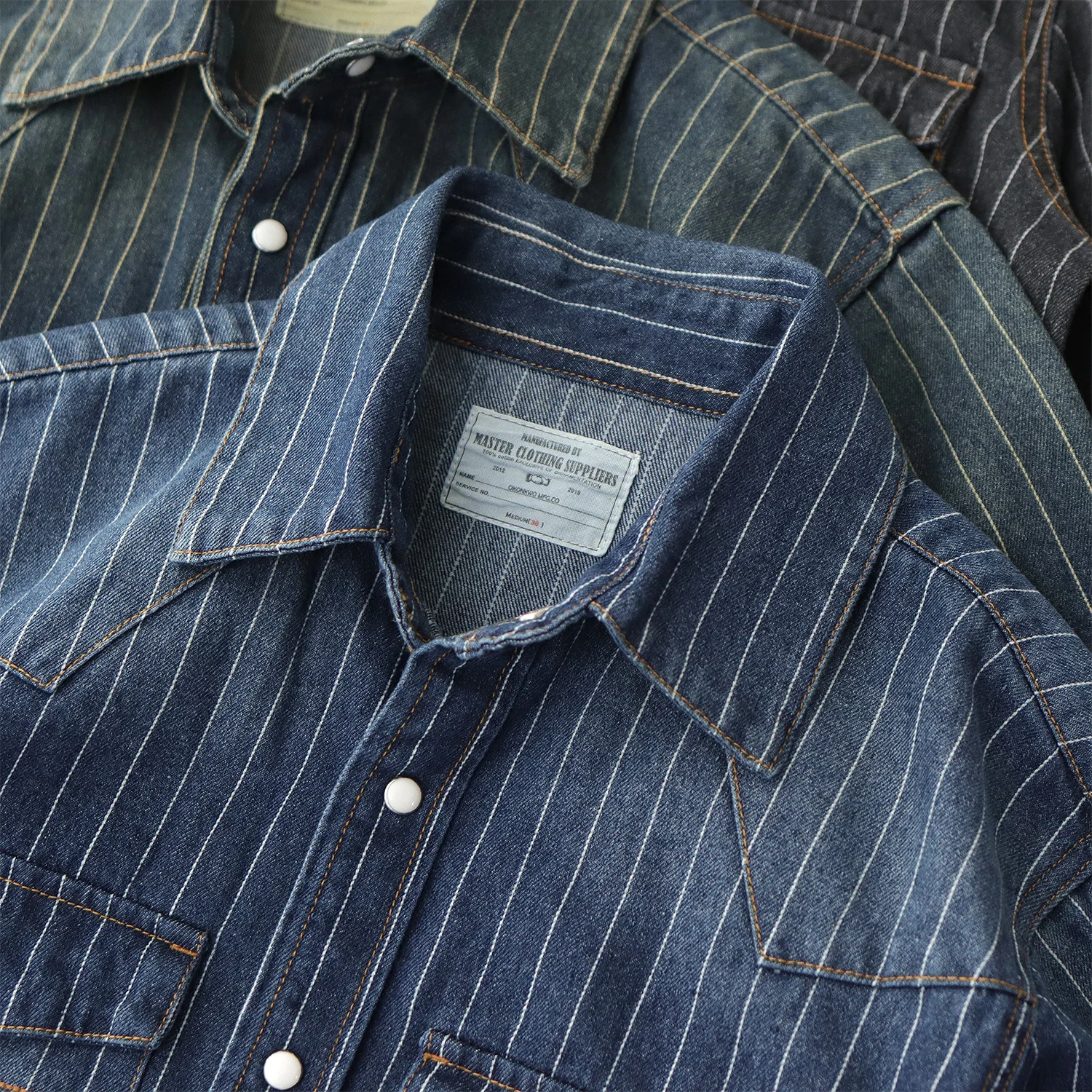 Vintage denim shirt men washed to do old tooling striped casual May Khaki spring and autumn long sleeve shirt