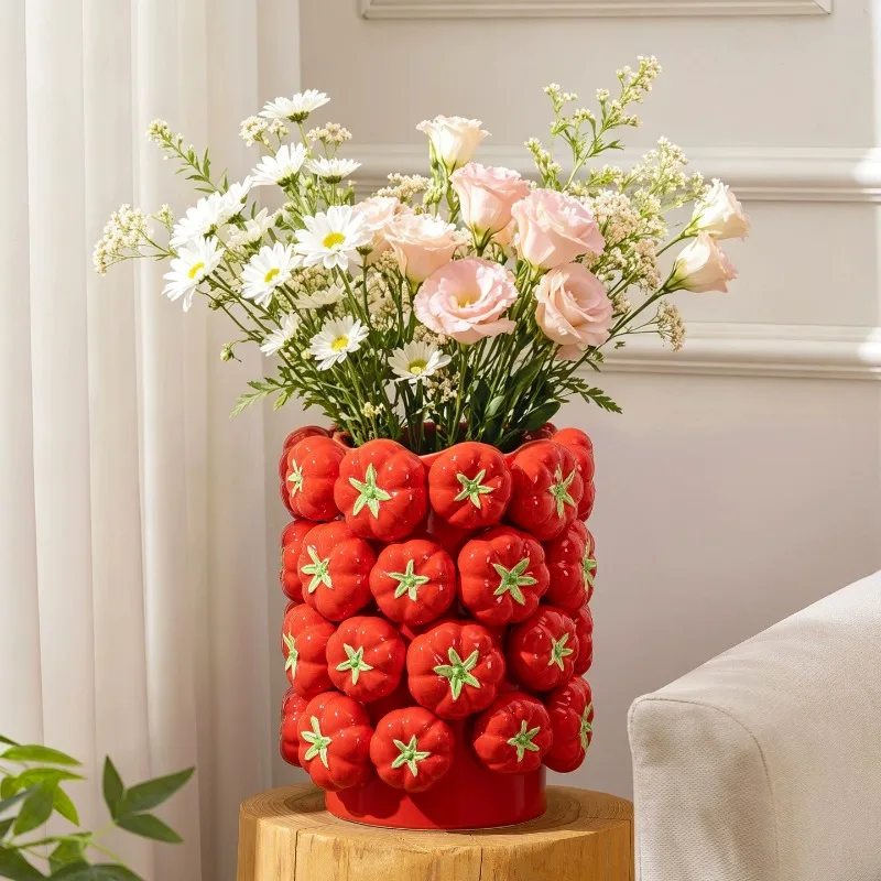 Tomato-Shaped Ceramic Vase, Living Room Decorative Flower Pot, Handcrafted Porcelain Gift, Floral Arrangement Decor