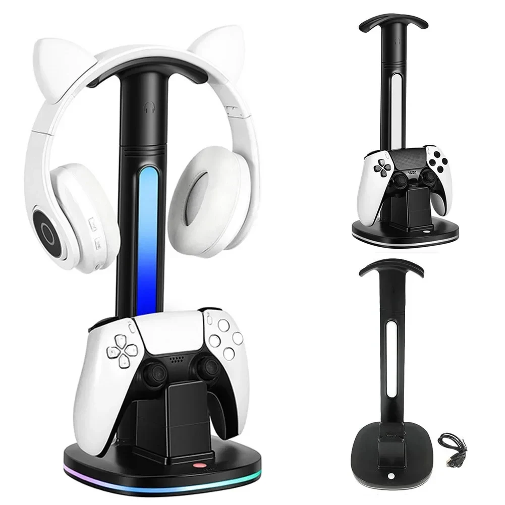 

For PS5 Controller Charging Station with Headphone Stand Game Handle Charger Base RGB Light Headset Display Holder For Sony PS5