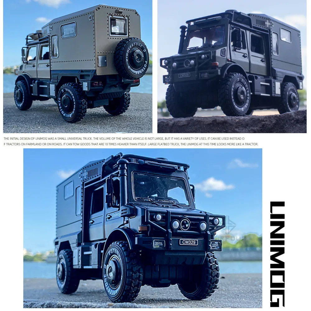 1:28 Unimog U5000 ORV Off-Road Toy Alloy Diecasts Car Model Rubber Tire Pull Back Simulation Sound Light Metal Vehicle Child Toy