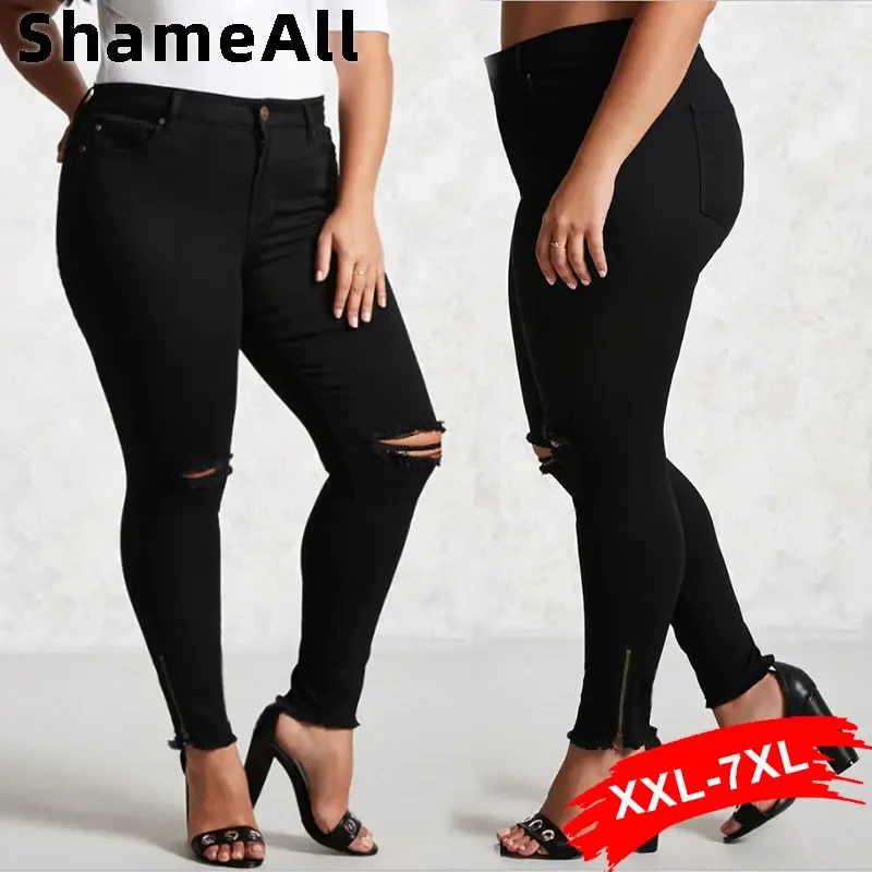 Pantalones vaqueros de talla grande de cintura alta, sexys, rasgados, ajustados, elásticos, color negro, 7XL, ceñido al cuerpo, con agujeros para