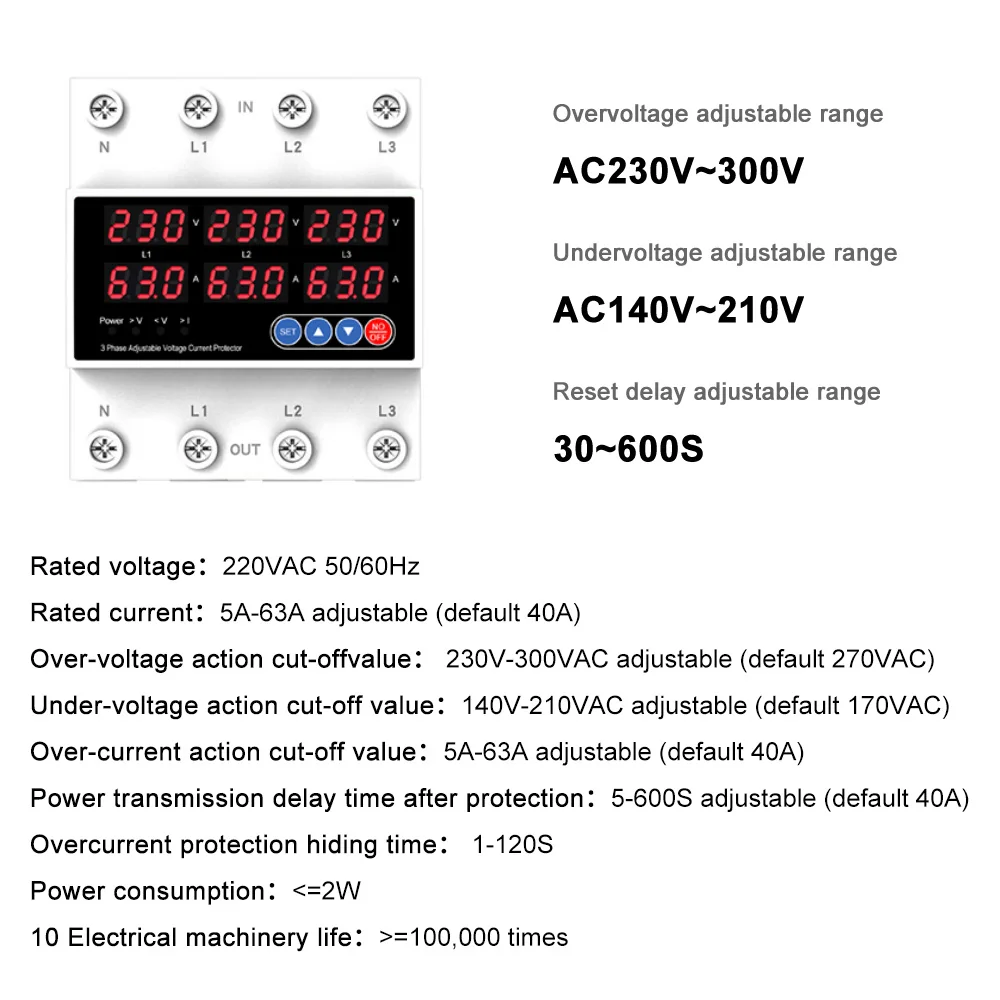 Wyświetlacz LCD 63A Din Rail 3-fazowy regulowany nad i pod przekaźnikiem ogranicznik napięcia z zabezpieczeniem prądowym 3*220V 380V