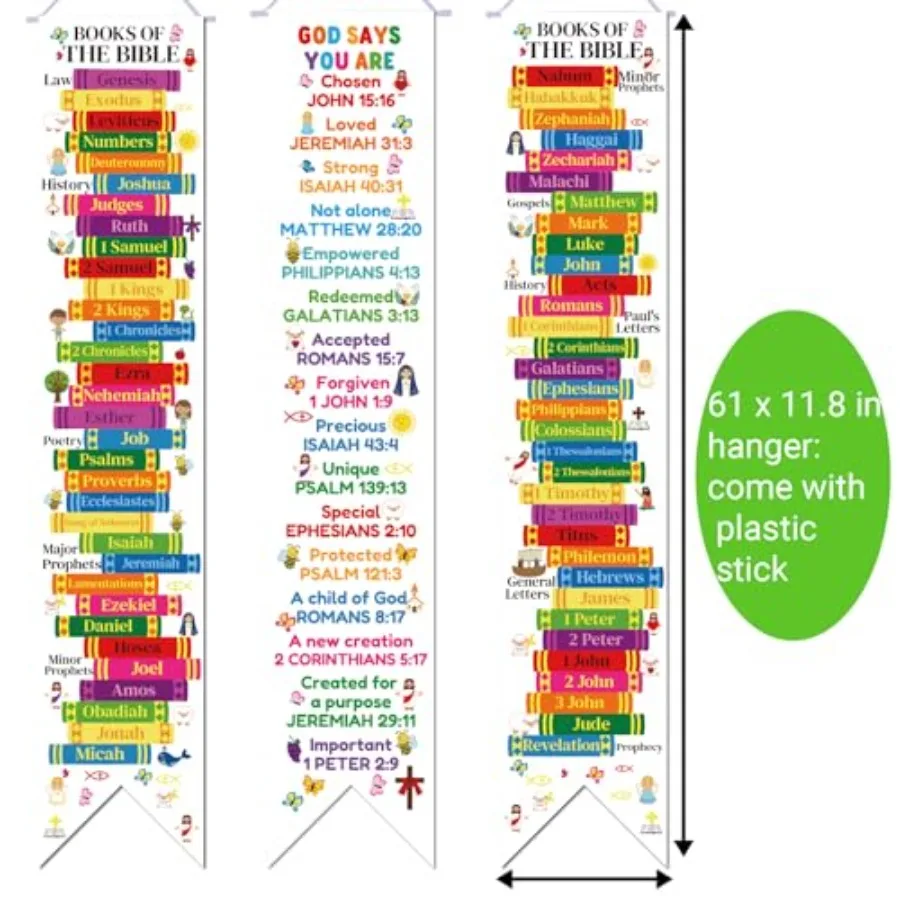 3Pcs Books of the Bible Banners Posters Fruit of The Spirit Banners Ten Commandments Bible Classroom Decorations Religious Chri
