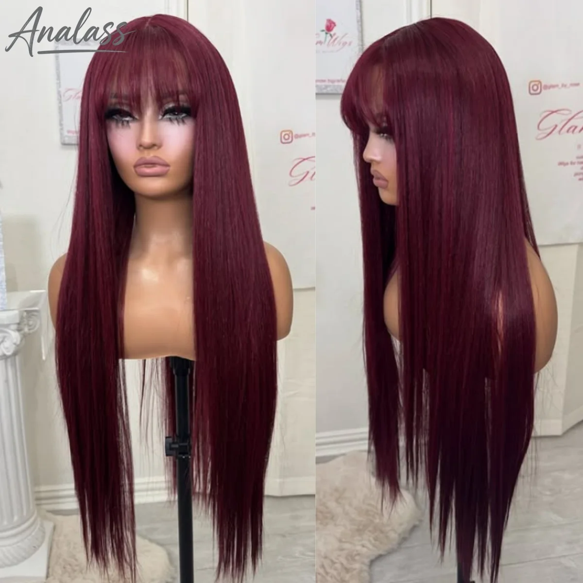 99J Burgundy Red Bone Straight Lace Front Wig With Bangs 13x4 HD Pre Plucked Glueless Synthetic